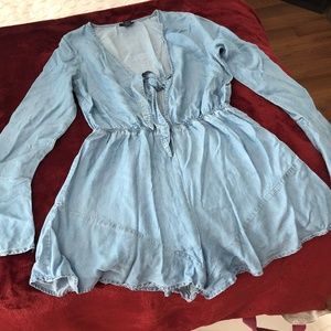 Chambray Tie-Front Long Sleeve Romper